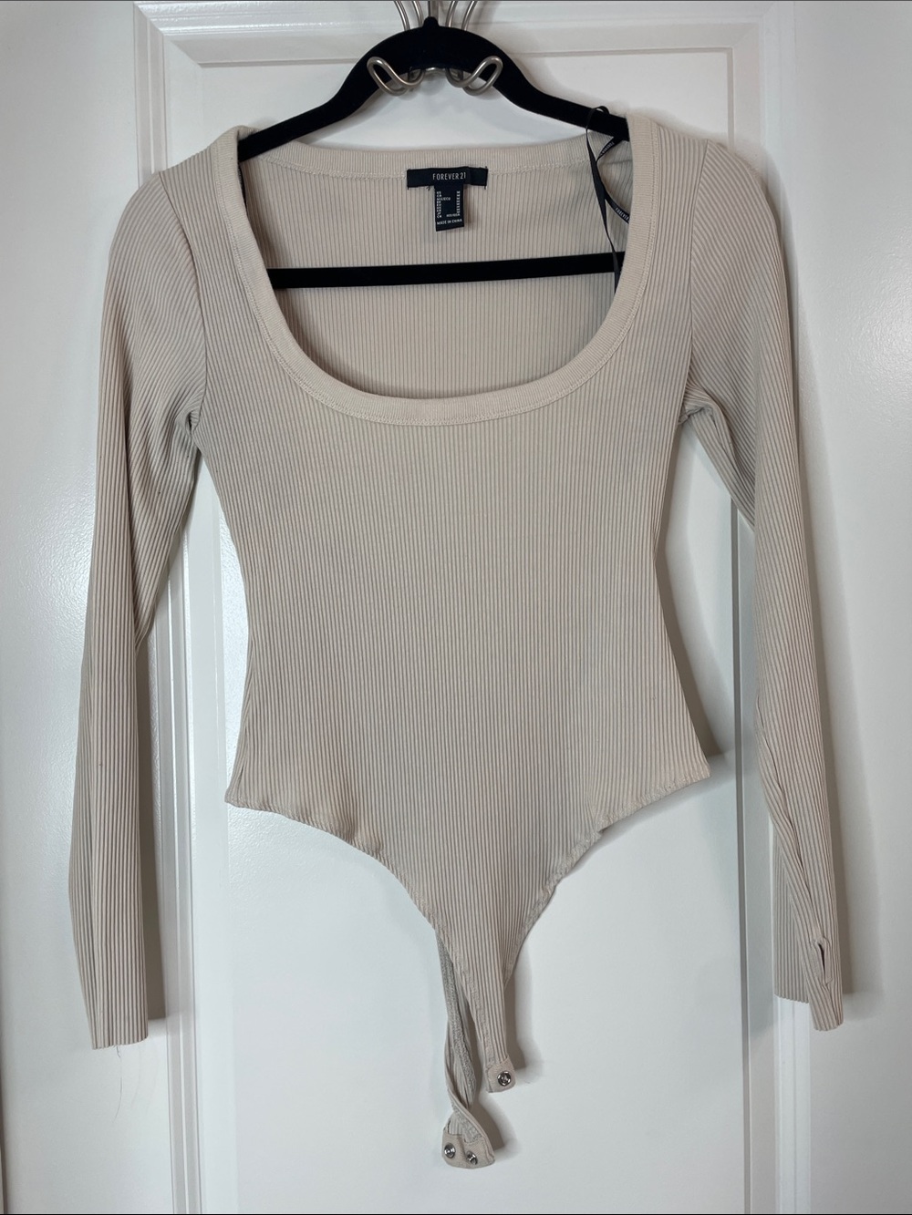 Forever 21 Beige Ribbed Scoop Neck Long Sleeve Bodysuit